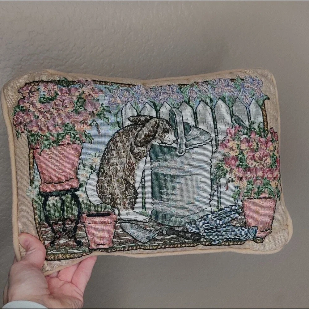 Grannycore Cottagecore Easter Tapestry Bunny Watering‎ Can Floral Pillow